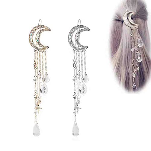 Cimenexe Bohemian Moon Star Haarspange Gepflasterter Mond Haarspange Silber Kristall Tropfen Haarnadeln Clip Dangle Kristallquaste Haarspange Kopfclip Strass Kopfbedeckung Dekorativer Haarschmuck von Cimenexe