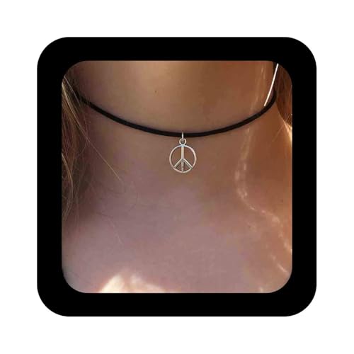 Cimenexe Bohemian Peace Anhänger Halskette Schwarzes Leder Choker Halskette Peace Zeichen Symbol Halskette Vintage Circle of Peace Halskette Choker Hippie Halskette Schmuck für Frauen und Mädchen von Cimenexe