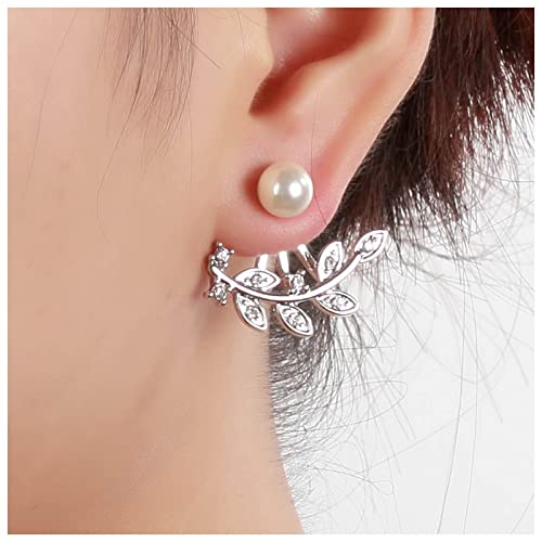 Cimenexe Bohemian Pearl Leaf Ear Jacket Ohrringe Kristallblatt-Ohrstecker Silberne Strass-Blatt-Ohrringe Cz Leaf Jacket Ohrringe Vintage Pearl Front Back Ohrringe Schmuck für Frauen und Mädchen von Cimenexe