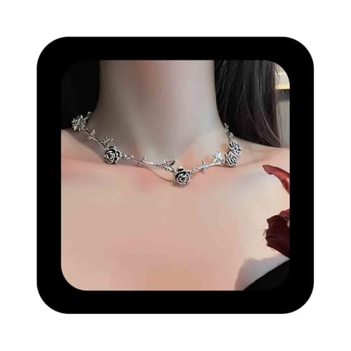 Cimenexe Bohemian Rose Choker Halskette Silber Dornen Rose Halsband Halskette Schwarz Kamelie Blume Kette Halskette Punk Dornen Rose Blume Halskette Schmuck Für Frauen von Cimenexe
