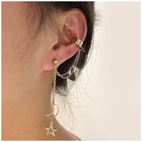 Cimenexe Goldene Sternkettenohrringe mit Halbmond und Quaste - Wrap-Ohrringe für Frauen - Alltag, Partys - 1 Stück von Cimenexe