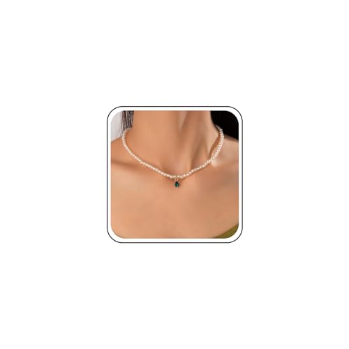 Cimenexe Bohemian Teardrop Kristall Smaragd Choker Halskette Kleine Perle Cz Anhänger Halskette Runde Perle Kragen Halskette Wasser Tropfen Smaragd Perle Halskette Schmuck Für Frauen Und Mädchen von Cimenexe