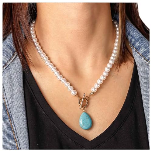 Cimenexe Bohemian Teardrop Türkis Anhänger Halskette Perlen Choker Halskette Wasser Tropfen Türkis Halskette Gold T Bar Knebel Halskette Schmuck Für Frauen Und Mädchen Geschenke von Cimenexe