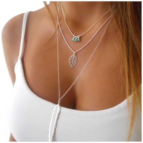 Cimenexe Bohemian Tiny Türkis Perlenkette Layered Hollow Leaf Halskette Choker Silber Feder Anhänger Halskette Kette Lange Halsketten Schmuck für Frauen und Mädchen von Cimenexe