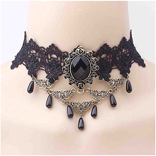 Cimenexe Goth Spitzen Halskette Schwarz Kristall Baumeln Halskette Geschichtet Wassertropfen Strass Halskette Choker Vintage Schwarz Spitze Halskette Schmuck Für Frau Und Mädchen Halloween Cosplay von Cimenexe