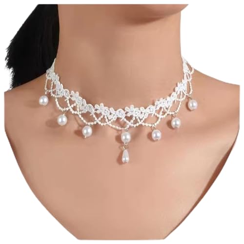 Cimenexe Goth Weiß Spitze Halskette Perle Baumeln Halskette Wassertropfen Perlenkette Choker Vintage Spitze Blumen Halskette Schmuck Für Frau Und Mädchen Halloween Hochzeit Party Cosplay von Cimenexe