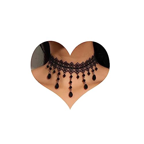 Cimenexe Goth schwarzer Kristall Dangle Halsketten Wasserdrop Strass Halsketten Halsketten Vintage Hollow Spitzen Halskette Schwarz Tattoo Halskette Schmuck für Frauen Halloween Hochzeitsfeier von Cimenexe