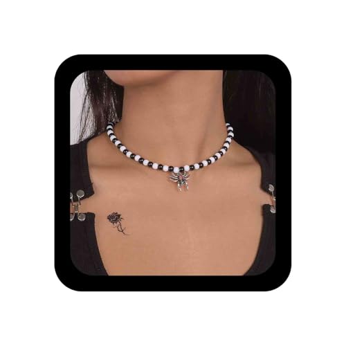 Cimenexe Gothic Gepflasterte Spinne Anhänger Halskette Schwarz Weiß Perlenkette Kristall Spinne Schlüsselbein Halskette Kette Halloween Party Cosplay Halskette Schmuck für Frauen und Mädchen von Cimenexe