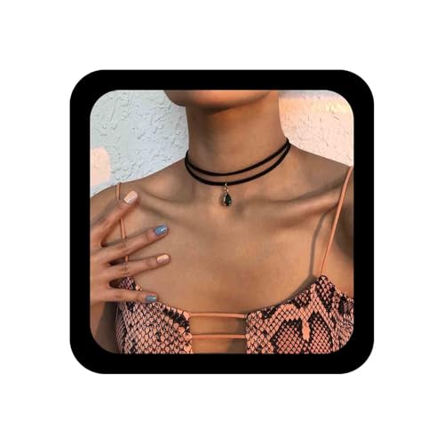 Cimenexe Gothic Layered Leather Choker Halskette Smaragd-Halskette Choker Green Teardrop Halskette Black Leather Collar Halskette Short Leather Cord Necklace Jewelry for Women and Girls von Cimenexe