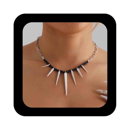 Cimenexe Gothic Spikes Choker Halskette Silber Nieten Anhänger Halskette Stachelige Büroklammer Gliederkette Halskette Schwarz Reisperlen Kette Halskette Schmuck Für Frauen von Cimenexe