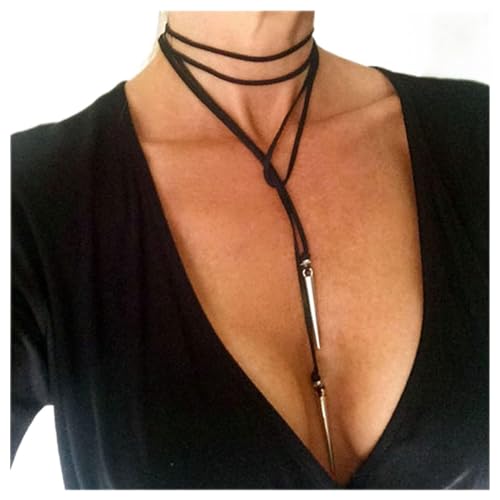 Cimenexe Punk Geschichtet Leder Samt Choker Halskette Spike Samt Halskette Schwarz Wildleder Kordel Halskette Lederhalsband Halskette Einstellbar Lange Tie Up Halskette Schmuck Für Frauen Und Mädchen von Cimenexe