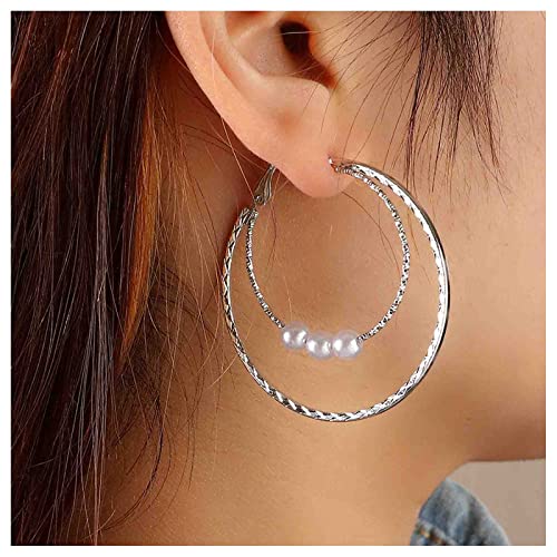 Cimenexe Punk Große Reifen Ohrringe Silber Hohl Kreis Reifen Ohrringe Perle Baumeln Reifen Ohrringe Übertrieben Kreis Perle Ohrringe Personalisierte Runde Ohrringe Schmuck Für Frauen Und Mädchen von Cimenexe