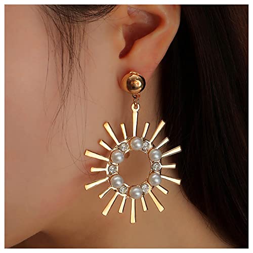 Cimenexe Punk Große Sunburst Ohrringe Kristall Sonne Ohrringe Gold Perle Sonne Baumeln Ohrringe Hohlen Sonnenstrahl Ohrringe Vintage Aussage Tropfen Ohrringe Schmuck Für Frauen Und Mädchen von Cimenexe