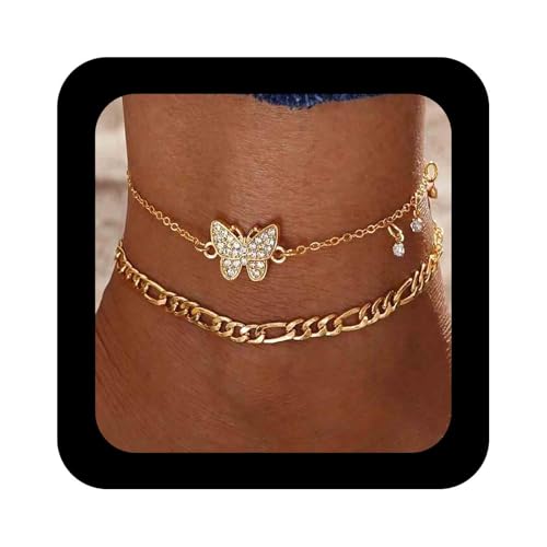 Cimenexe Punk Kristall Schmetterling Knöchel Armband Gold Cz Schmetterling Knöchel Geschichtet Figaro Kette Fußkette Armband Strass Schmetterlinge Fußkette Fußkette Sommer Strand Fußketten von Cimenexe