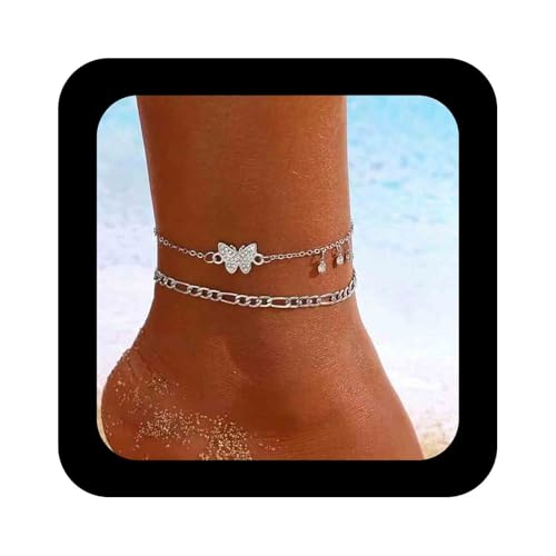 Cimenexe Punk Kristall Schmetterling Knöchel Armband Silber Cz Schmetterling Knöchel Geschichtet Figaro Kette Fußkette Armband Strass Schmetterlinge Fußkette Fußkette Sommer Strand Fußketten von Cimenexe