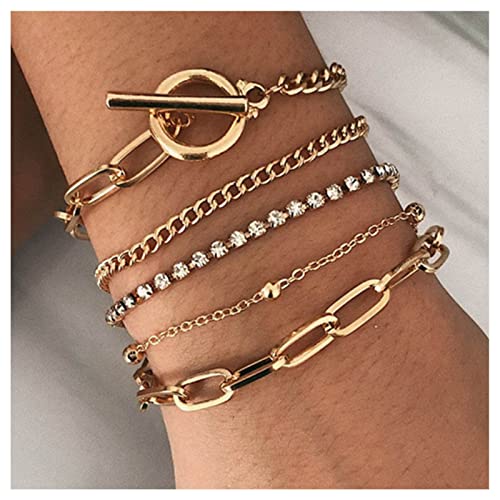 Cimenexe Punk Layered Tennis Chain Bracelets Paperclip Gliederkette Armband Gold Toggle Bar Armband Retro Chunky Tennis Armband Cz Kristall Armband Handkette Schmuck für Frauen und Mädchen von Cimenexe