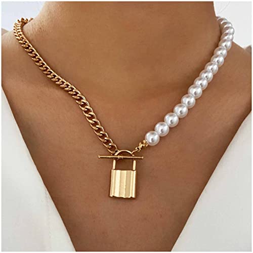 Cimenexe Punk Schloss Anhänger Halskette Große Perle Choker Halskette Gold Panzerkette Halskette Vintage Toggle Halskette Choker Schmuck Für Frauen Und Mädchen von Cimenexe