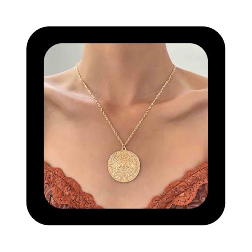 Cimenexe Punk Totenkopf Münze Choker Halskette Gold Metall Scheibe Anhänger Halsketten Azteken Medaillon Kette Halsketten Totenkopf Piraten Münze Halskette Jack Sparrow Choker Schmuck Für Frauen von Cimenexe