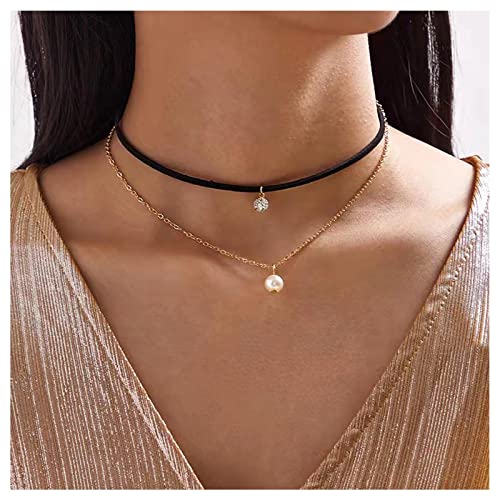 Cimenexe Schwarzes Leder Choker Halskette Böhmisch Geschichtet Perle Anhänger Halskette Perle Kristall Kette Vintage Perle Choker Halskette Schmuck Für Frauen Und Mädchen von Cimenexe