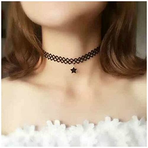 Cimenexe Vintage Goth Hohle Spitze Choker Halskette Stern Anhänger Halskette Schwarze Spitze Choker Halskette Tattoo Halskette Choker Schmuck für Frau und Mädchen Halloween Hochzeit Party Cosplay von Cimenexe
