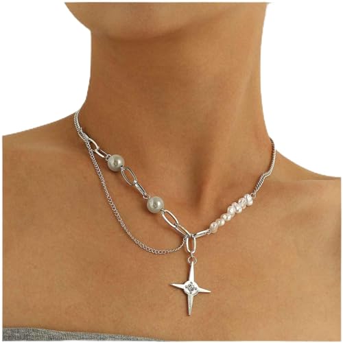 Cimenexe Vintage Kristall Stern Anhänger Halskette Silber Büroklammer Kette Halskette Unregelmäßig Perle Choker Halskette Klobig Panzerkette Halskette Schmuck Für Frauen Und Mädchen von Cimenexe