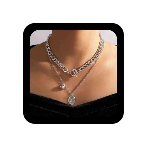 Cimenexe Vintage Münze Anhänger Halskette Silber Geschichtet Herz Halskette Choker Toggle Kette Halskette Retro Dicken Panzerkette Halskette Schmuck Für Frauen Und Mädchen von Cimenexe