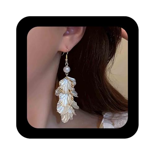 Cimenexe Vintage Muschel Ohrringe Weiß Rund Perle Tropfen Ohrring Gold Lange Perle Blume Haken Ohrring Böhmischen Muschel Blume Ohrringe Schmuck Für Frauen von Cimenexe
