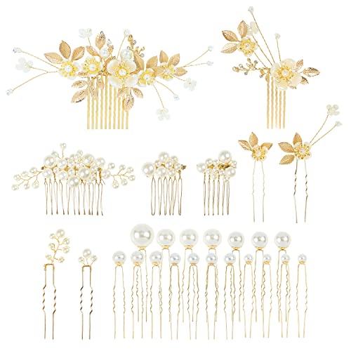 Cinaci 27 Stück glitzernde goldfarbene Strass-Perlen Blatt Blume Braut Metall Seitenkämme + U-förmige Haarnadeln Clips Haarspangen Kopfschmuck Hochzeit Haarschmuck für Frauen Braut Brautjungfern von Cinaci