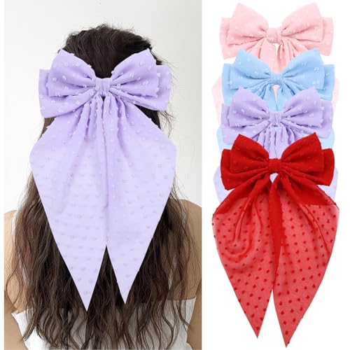 Cinaci 4 Stück Große große übergroße Chiffon-Haarschleifen mit langer Schwanzschleife Französische Haarspangen Haarspangen Accessoires für Frauen Mädchen Teenager von Cinaci