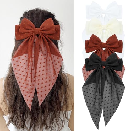 Cinaci 4 Stück Große große übergroße Chiffon-Haarschleifen mit langer Schwanzschleife Französische Haarspangen Haarspangen Accessoires für Frauen Mädchen Teenager von Cinaci