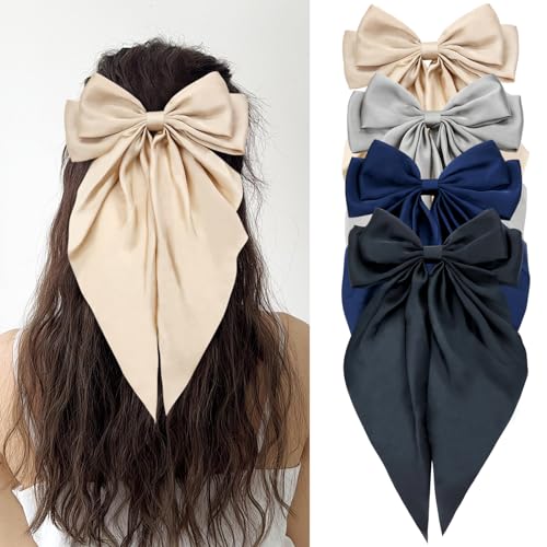 Cinaci 4 Stück große große übergroße Satin-Chiffon-Haarschleifen mit langem Schwanz französische Haarspangen Haarspangen Accessoires für Frauen Mädchen Teenager von Cinaci