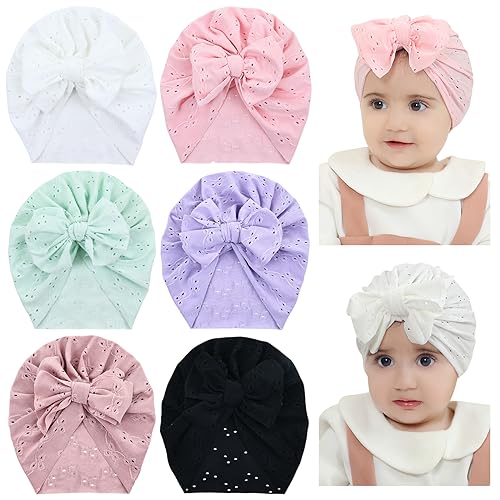 Cinaci 6 Stück Super Soft Stretchy Baby Mädchen Turban Hüte mit Schleife Neugeborenen-Kindergarten Krankenhausmützen Hauben Mützen Kopftücher für Baby Jungen Mädchen Säuglinge Kleinkinder von Cinaci