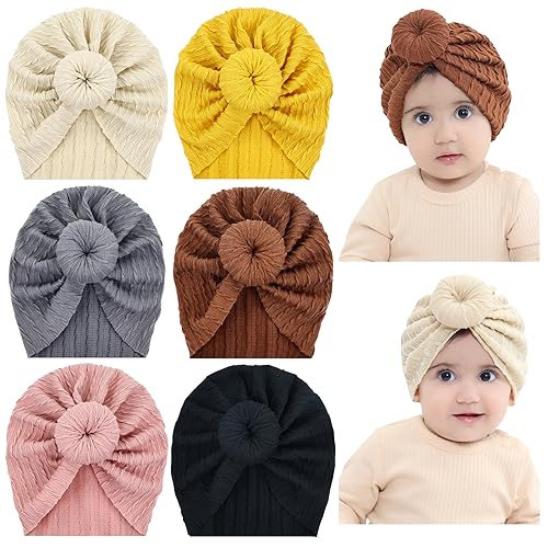 Cinaci 6 Stück Super Soft Stretchy Baby Turban Mützen mit Donut Ball Top Knot Neugeborenen-Kindergarten Krankenhaus Mützen Mützen Mützen Kopftücher für Baby Mädchen Jungen Säuglinge Kleinkinder von Cinaci