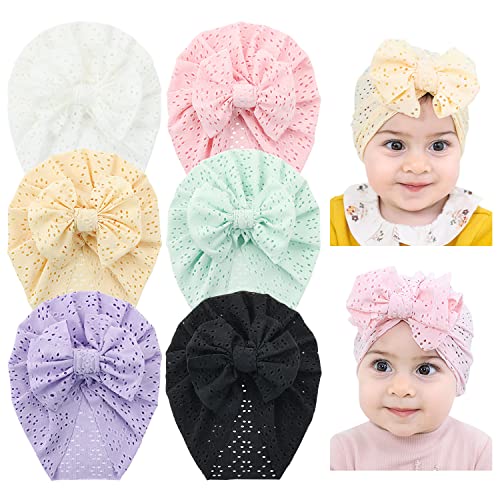 Cinaci 6 Stück atmungsaktive weiche große Schleife Turban Hüte Beanie Caps Headwraps für Baby Mädchen Säuglinge Kleinkinder Kinder, Weiß, Mintgrün, Rosa, Gelb, Hellviolett, Schwarz, 3-24 Monate von Cinaci