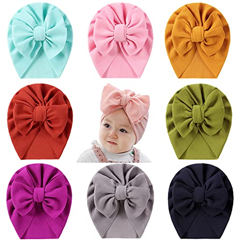 Cinaci 8 Stück Knoten-Kappen mit großer Schleife für Babys, Mädchen, Kleinkinder, Kinder, 6-24 Monate, Pink, teal, tangerine, rust red, dark purple, matcha green, gray and navy von Cinaci