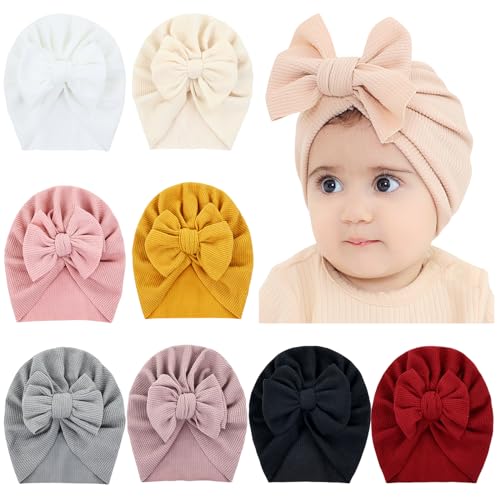 Cinaci 8 Stück Super weiche Dehnbare Baby-Mädchen-Turban-Hüte mit Schleifenknoten Neugeborenen-Kinderzimmer Krankenhaus Mützen Mützen Mützen Kopftücher für Babymädchen Jungen Säuglinge Kleinkinder von Cinaci