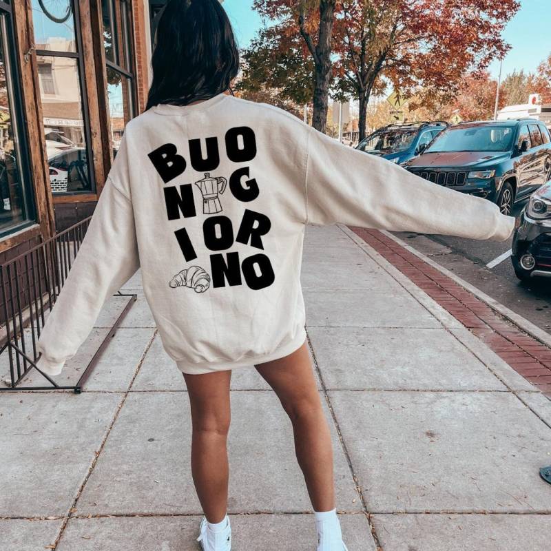 Buongiorno Croissants Coffee Oversized Retro Back Print Italian Sweatshirt Croissant Lover Food Gift 90S Graphic Student Pocket Italy von CincerelyYoursShop