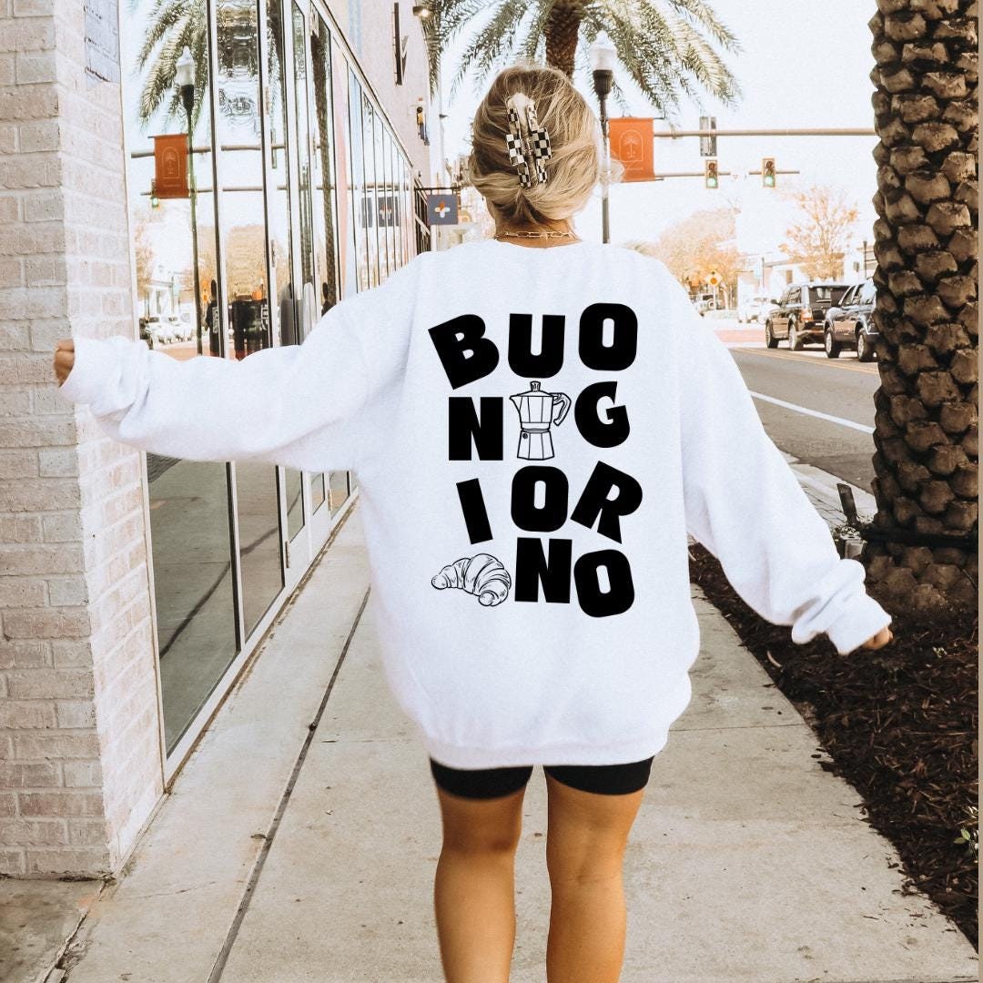 Buongiorno Croissants Coffee Oversized Retro Back Print Italian Sweatshirt Croissant Lover Food Gift 90S Graphic Student Pocket Italy von CincerelyYoursShop