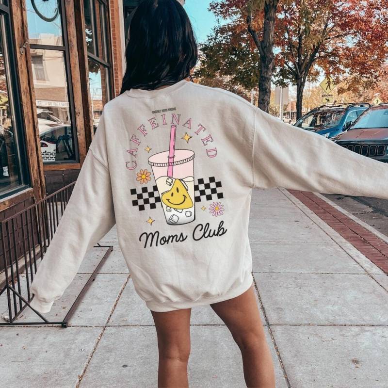 Caffeinated Moms Club Retro Back Print Sweatshirt Iced Coffee Lover Comic Mother Gift 90S Graphic Hoodie Student Wellness Pocket Y2K von CincerelyYoursShop
