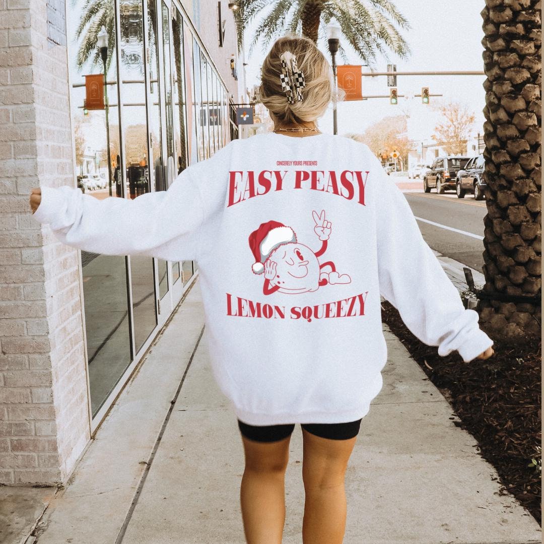 Easy Peasy Lemon Squeezy Sweatshirt Retro 90S Back Print Christmas Vintage Y2K Hoodie Santas Hat Pocket Mascot Sweater Limoncello Xmas von CincerelyYoursShop
