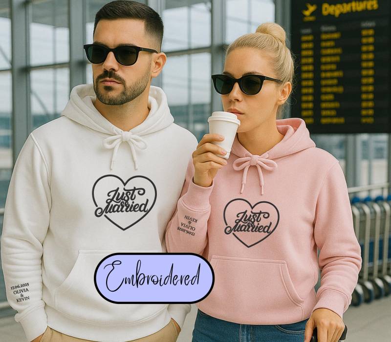 Embroidered Just Married Hoodie Custom Sleeve Date Name Wedding Gift Bridal Shower Honeymoon Matching Couple Newlywed Personalized von CincerelyYoursShop