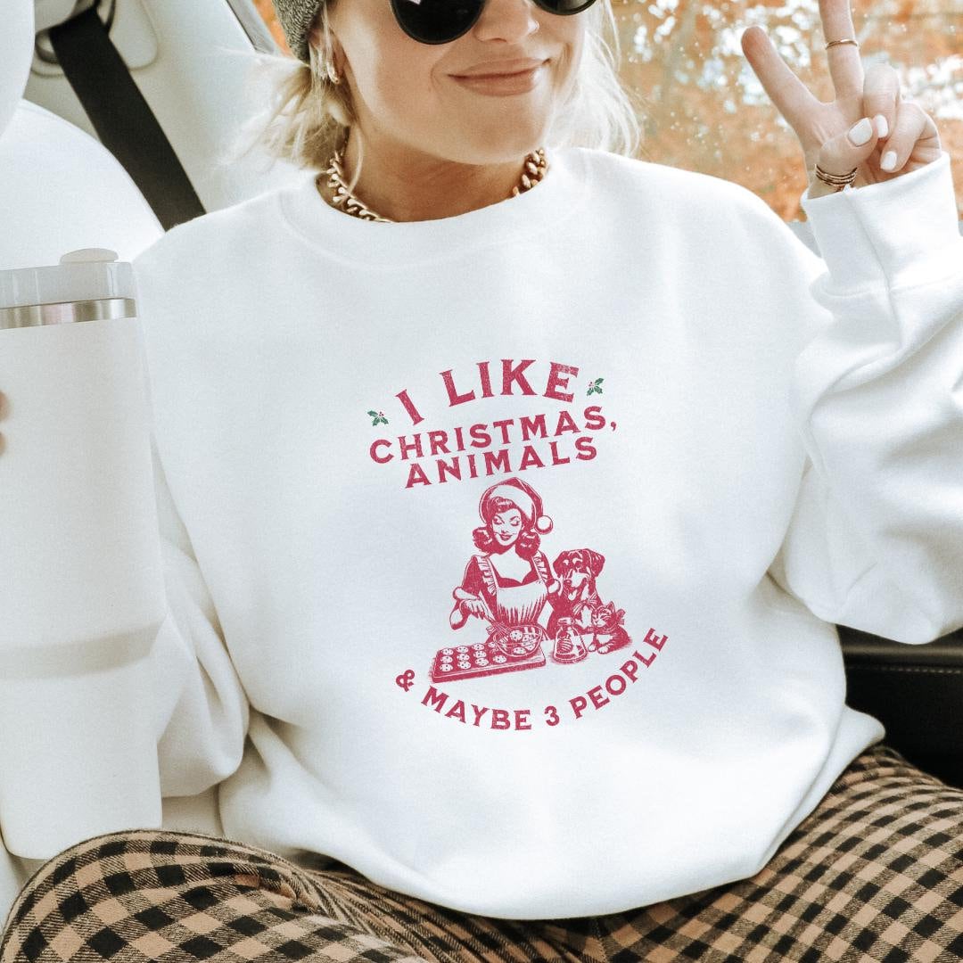 I Like Christmas Animals & Maybe People Unhinged Sweatshirt Pin Up Baking Cookies Feminism Childless Cat Lady Funny Meme Vegan Gift Women von CincerelyYoursShop