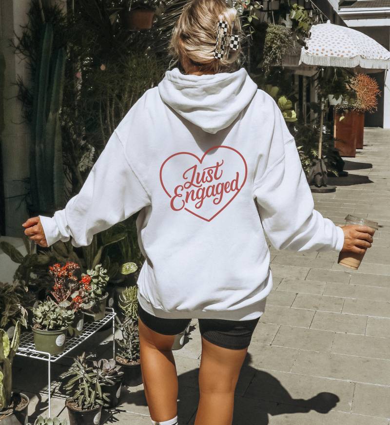 Just Engaged Hoodie Unisex Back Print Bride Groom Engagement Gift Matching Couple Announcement Sweatshirt Future Mrs Mr von CincerelyYoursShop