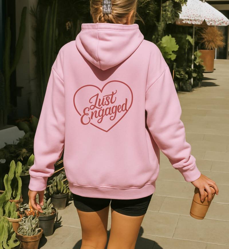 Just Engaged Hoodie Unisex Back Print Bride Groom Engagement Gift Matching Couple Announcement Sweatshirt Future Mrs Mr von CincerelyYoursShop