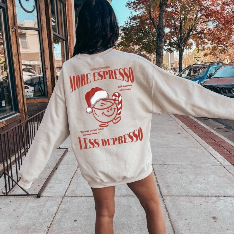 More Espresso Less Depresso Coffee Mascot Christmas Sweatshirt Lover Santa Hat Mother Gift 90S Graphic Back Print Breakfast Y2K von CincerelyYoursShop