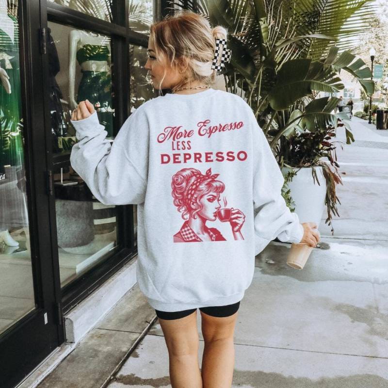 More Espresso Less Depresso Retro Coffee Mug Sweatshirt Lover Sweater Food Mothers Day Gift 70S Graphic Back Print Y2K Breakfast von CincerelyYoursShop