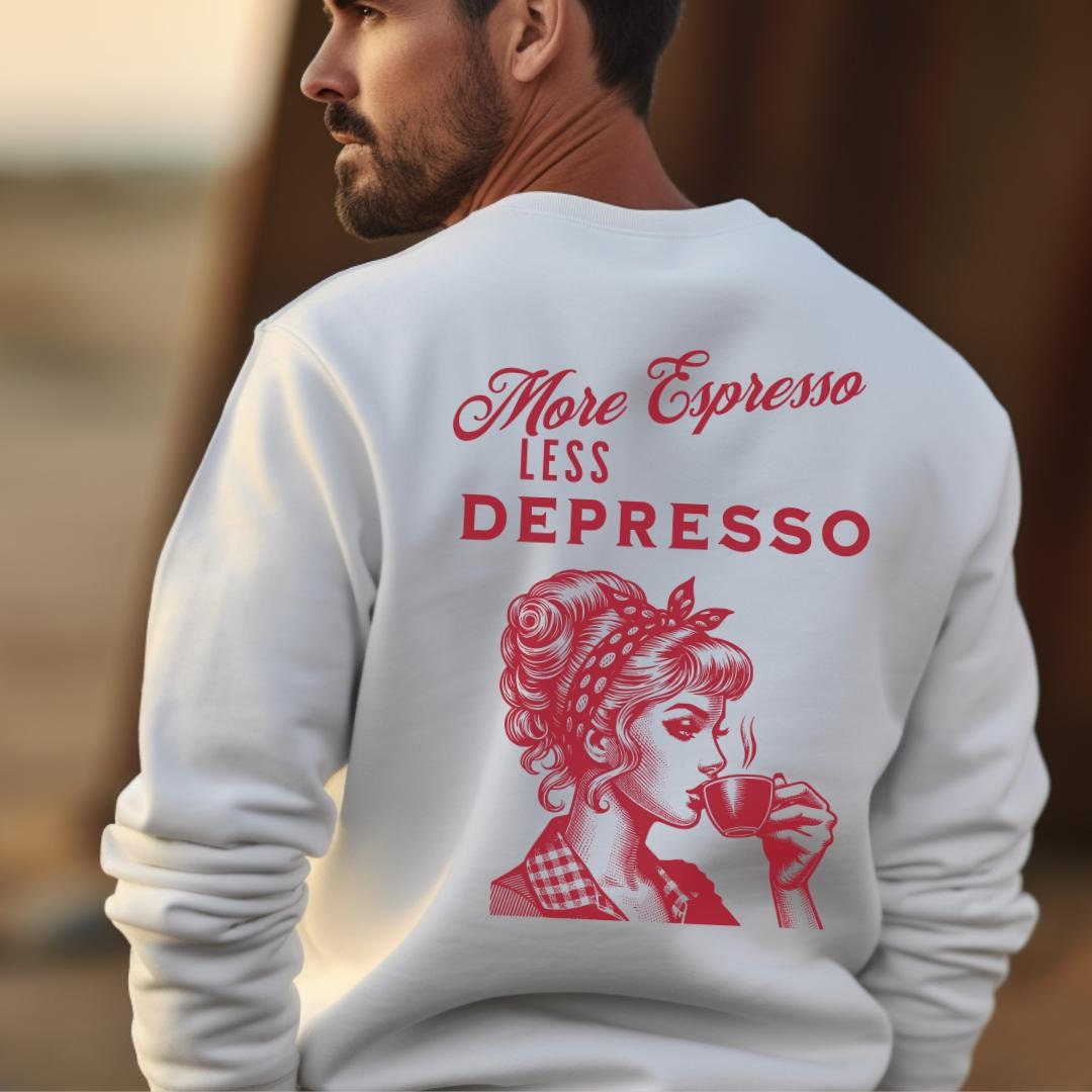 More Espresso Less Depresso Retro Coffee Mug Sweatshirt Lover Sweater Food Mothers Day Gift 70S Graphic Back Print Y2K Breakfast von CincerelyYoursShop