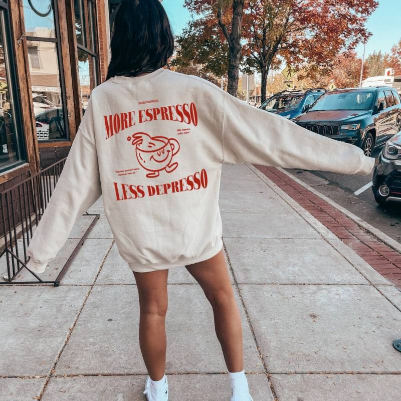 More Espresso Less Depresso Retro Coffee Mug Sweatshirt Lover Sweater Food Mothers Day Gift 90S Graphic Back Print Y2K Breakfast von CincerelyYoursShop