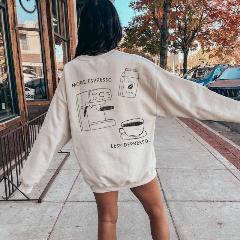 More Espresso Less Depresso Retro Coffee Mug Sweatshirt Lover Sweater Porta Filter Machine Gift 90 Graphic Back Print Breakfast Y2K von CincerelyYoursShop