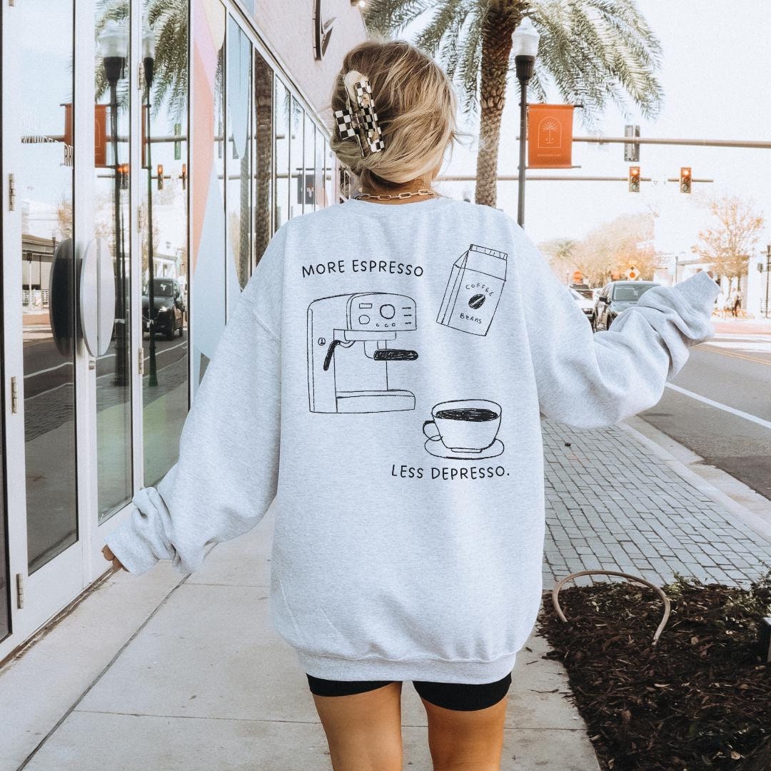 More Espresso Less Depresso Retro Coffee Mug Sweatshirt Lover Sweater Porta Filter Machine Gift 90 Graphic Back Print Breakfast Y2K von CincerelyYoursShop